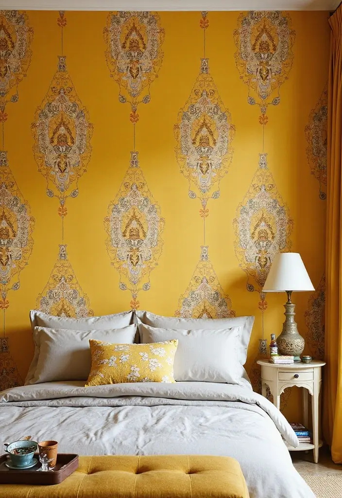 30 Mustard Yellow Bedroom Ideas That Add Cheerful Warmth - 13. Colorful Mustard Yellow Wallpaper
