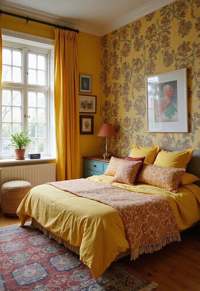 30 Mustard Yellow Bedroom Ideas That Add Cheerful Warmth - 17. Mixing Patterns with Mustard