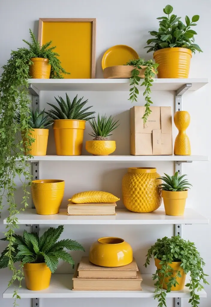 30 Mustard Yellow Bedroom Ideas That Add Cheerful Warmth - 19. Mustard Yellow Decor on Shelves
