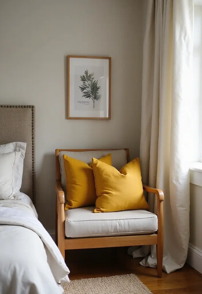 30 Mustard Yellow Bedroom Ideas That Add Cheerful Warmth - 24. Mustard Yellow Throw Pillows on Chairs