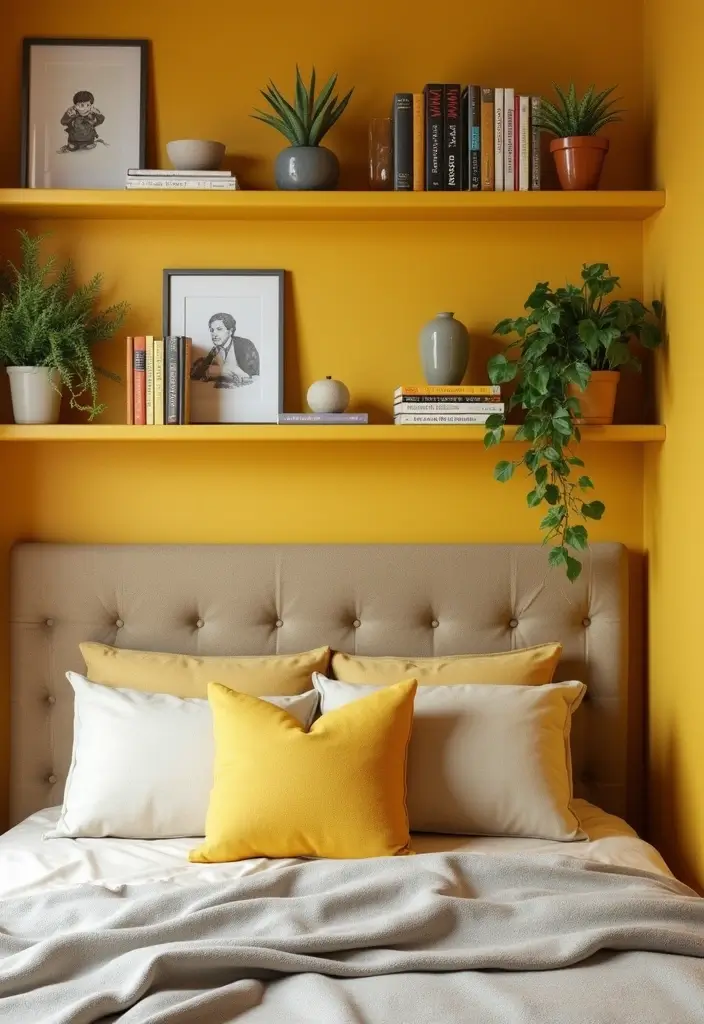 30 Mustard Yellow Bedroom Ideas That Add Cheerful Warmth - 27. Mustard Yellow Wall Shelves