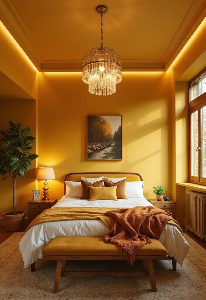 30 Mustard Yellow Bedroom Ideas That Add Cheerful Warmth - 29. Mustard Yellow Statement Lighting