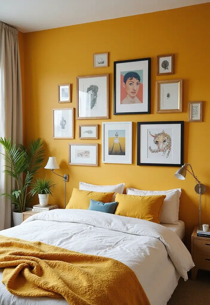 30 Mustard Yellow Bedroom Ideas That Add Cheerful Warmth - 4. Vibrant Wall Art
