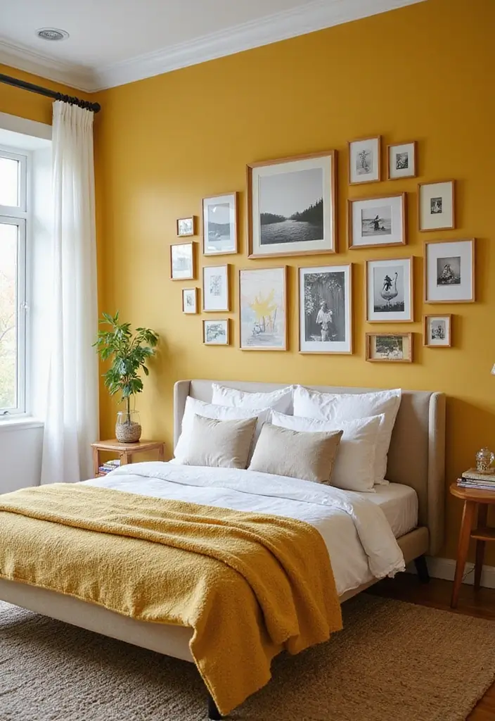 30 Mustard Yellow Bedroom Ideas That Add Cheerful Warmth - 9. Create a Mustard Yellow Gallery Wall