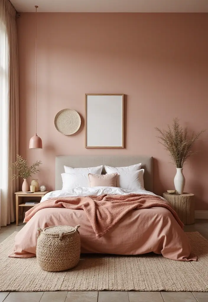 30 Pink Aesthetic Bedroom Ideas That Feel Sweet and Modern - 11. Combining Pink with Earthy Tones