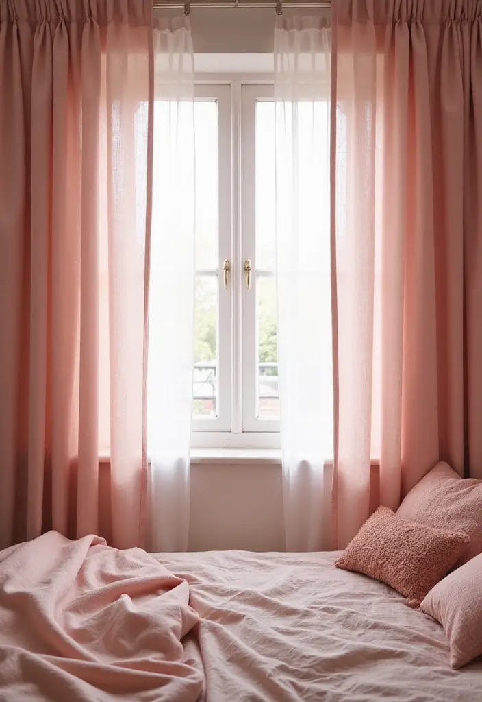 30 Pink Aesthetic Bedroom Ideas That Feel Sweet and Modern - 13. Pink Curtains for Soft Privacy