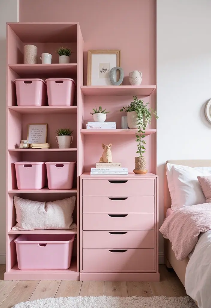 30 Pink Aesthetic Bedroom Ideas That Feel Sweet and Modern - 15. Creative Pink Storage Solutions