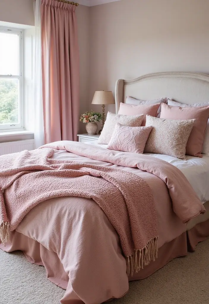30 Pink Aesthetic Bedroom Ideas That Feel Sweet and Modern - 19. Pink Textiles for Soft Layers