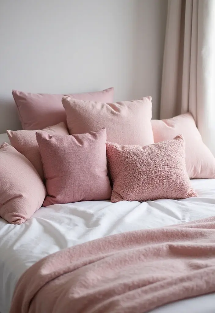 30 Pink Aesthetic Bedroom Ideas That Feel Sweet and Modern - 23. Pink Throw Pillows for Cozy Texture