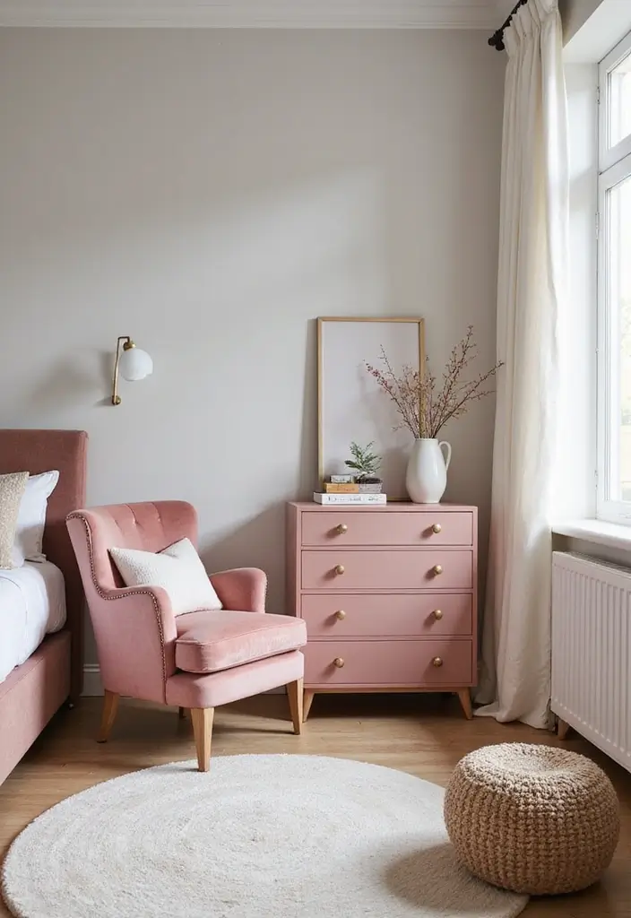 30 Pink Aesthetic Bedroom Ideas That Feel Sweet and Modern - 3. Chic Pink Furniture Pieces
