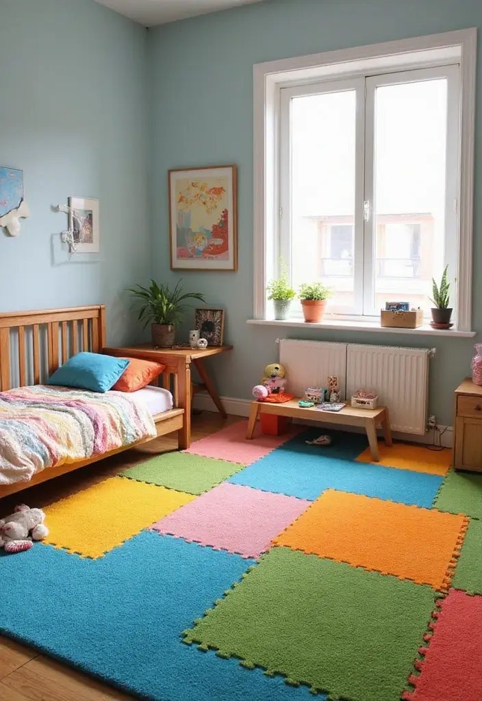 30 Room Divider Ideas for Kids Bedroom That Create Cozy Spaces - 16. Colorful Carpet Tiles