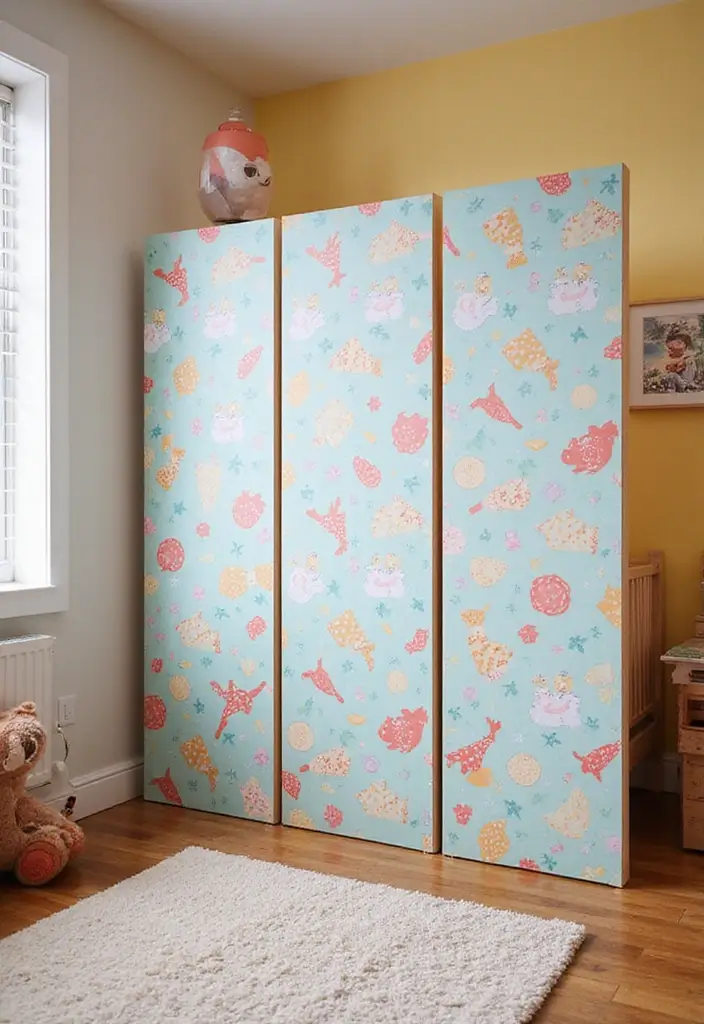 30 Room Divider Ideas for Kids Bedroom That Create Cozy Spaces - 5. Colorful Wallpapered Dividers