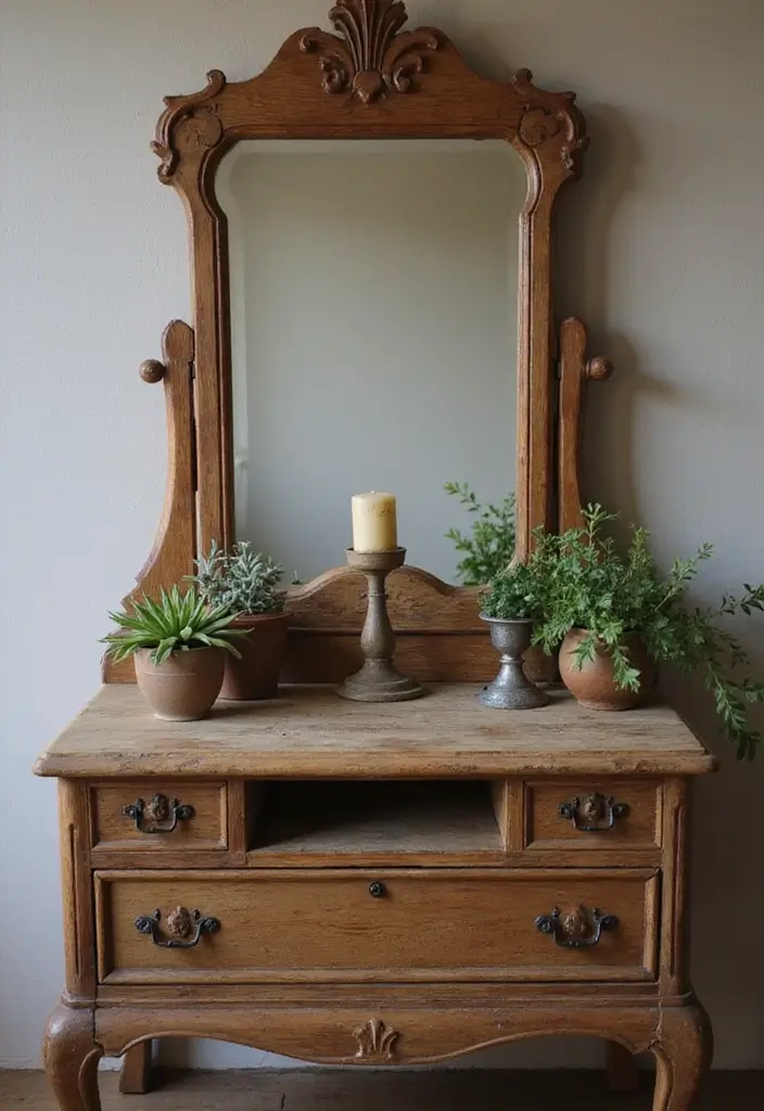 30 Rustic Vanity Ideas for an Earthy & Charming Bedroom - 1. Vintage Reclaimed Wood Vanity
