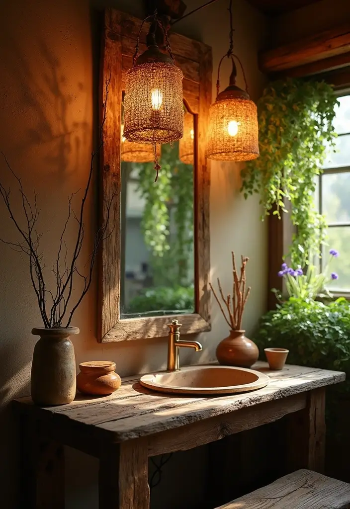 30 Rustic Vanity Ideas for an Earthy & Charming Bedroom - 20. Rustic Artistic Lighting Vanity