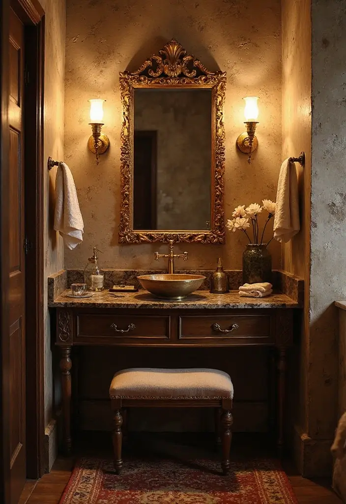 30 Rustic Vanity Ideas for an Earthy & Charming Bedroom - 22. Rustic Glamorous Touches Vanity