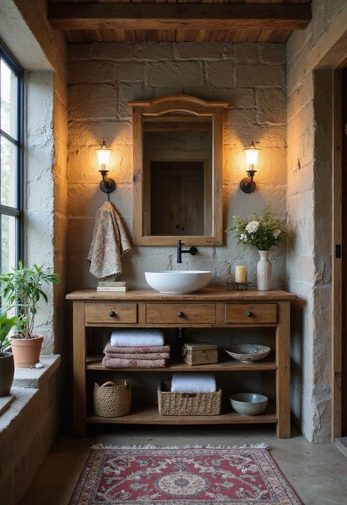 30 Rustic Vanity Ideas for an Earthy & Charming Bedroom - 23. Layered Textures Rustic Vanity