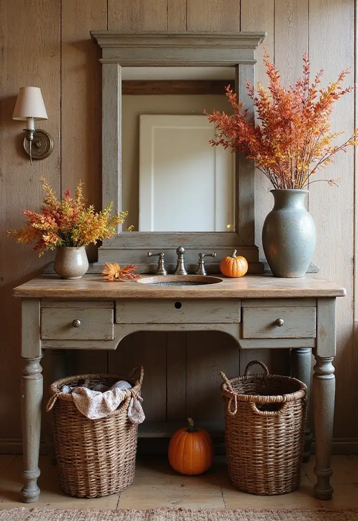 30 Rustic Vanity Ideas for an Earthy & Charming Bedroom - 24. Rustic Seasonal Changes Vanity