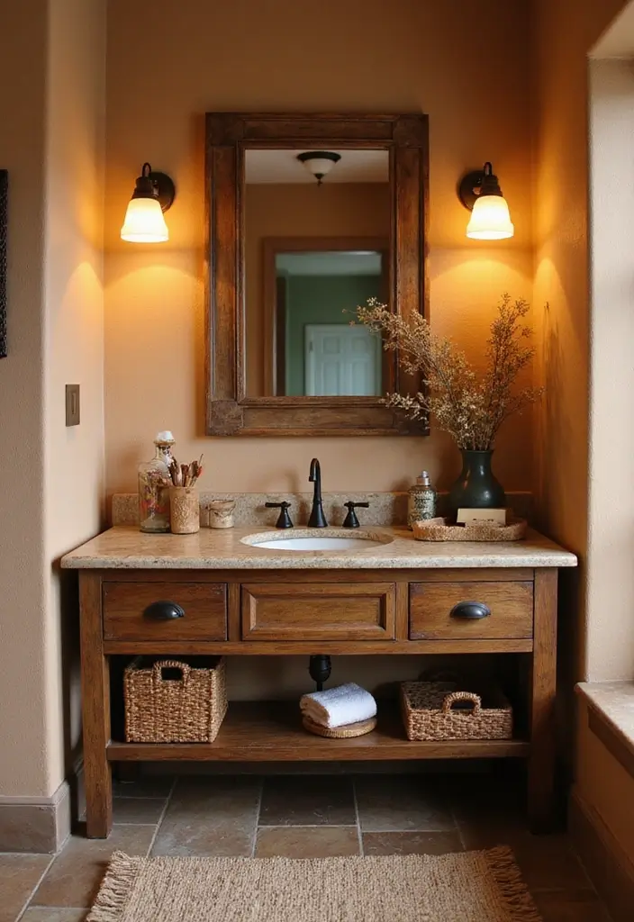 30 Rustic Vanity Ideas for an Earthy & Charming Bedroom - 28. Rustic Color Palette Vanity