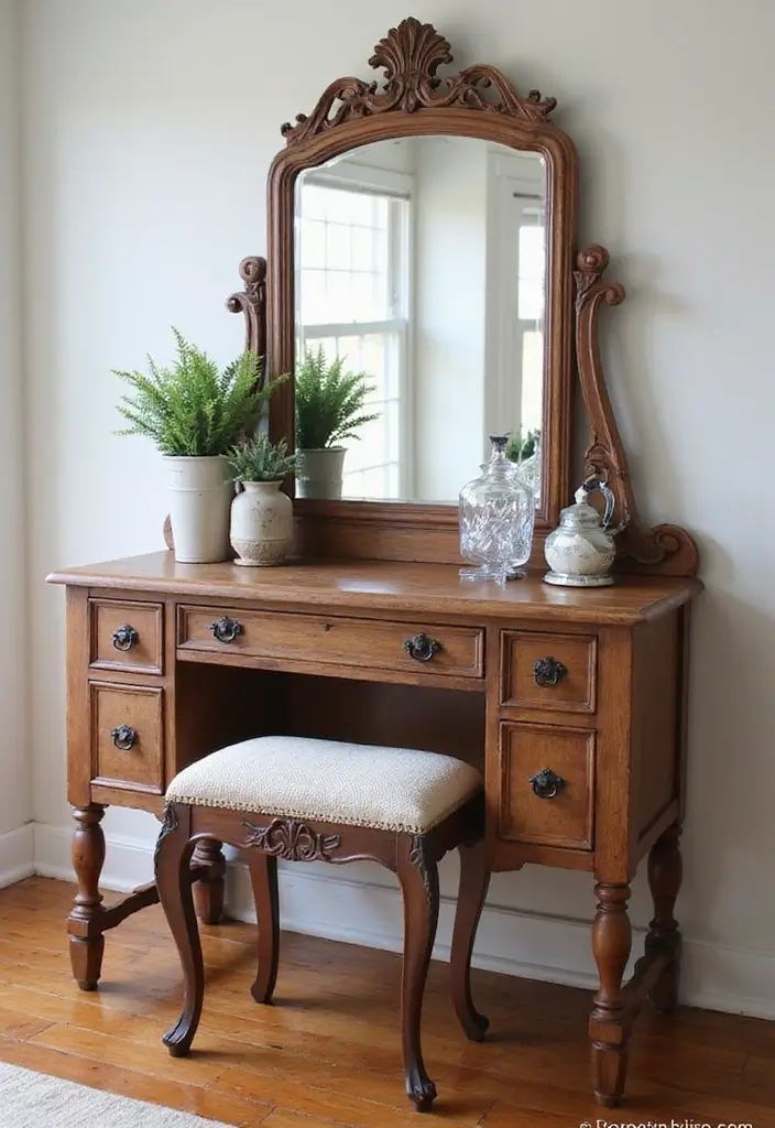 30 Rustic Vanity Ideas for an Earthy & Charming Bedroom - 7. Upcycled Furniture Vanity