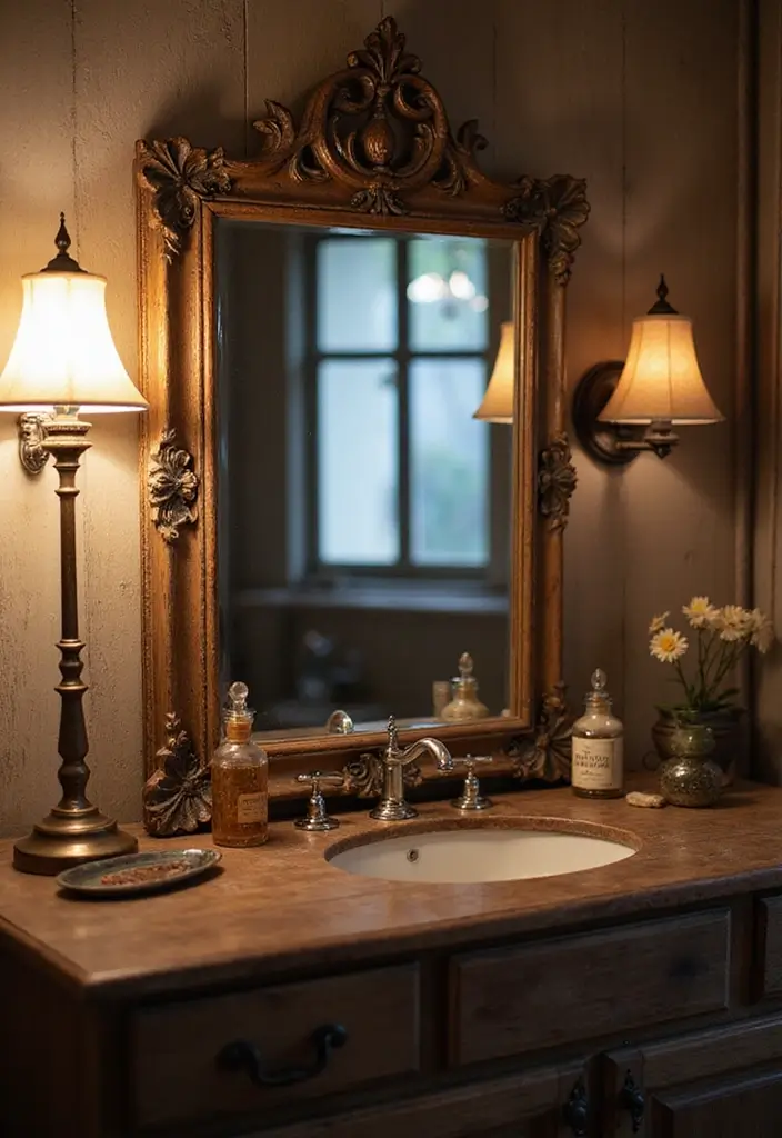 30 Rustic Vanity Ideas for an Earthy & Charming Bedroom - 9. Rustic Vintage Mirror Vanity