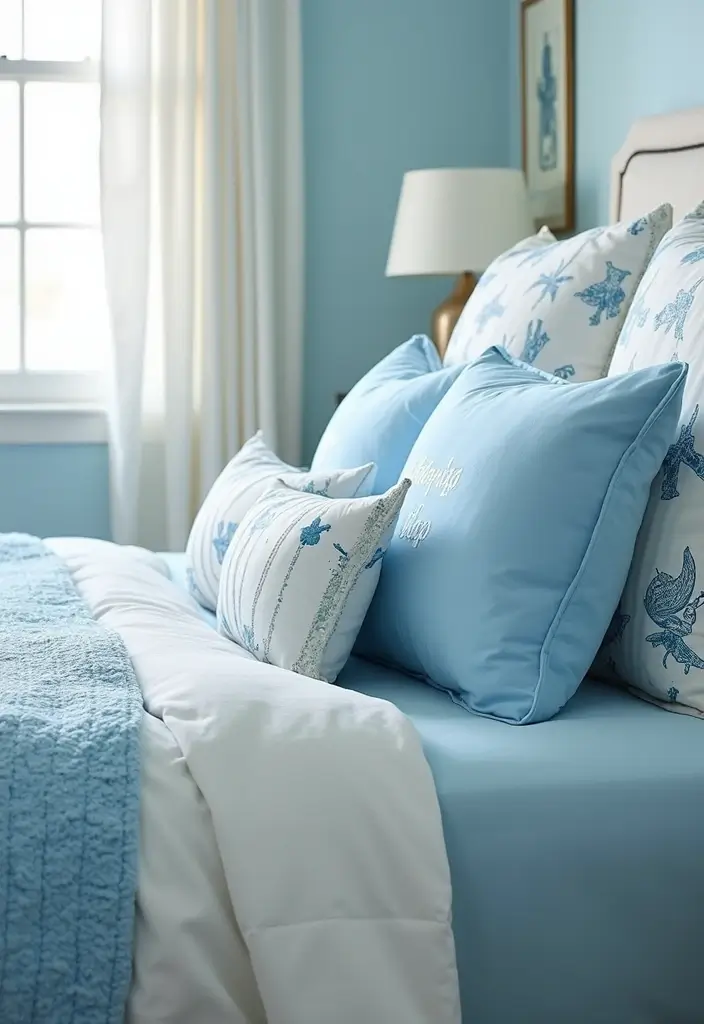 30 Sky Blue Room Ideas Bedroom That Bring Peaceful Energy - 2. Coastal-Inspired Bedding