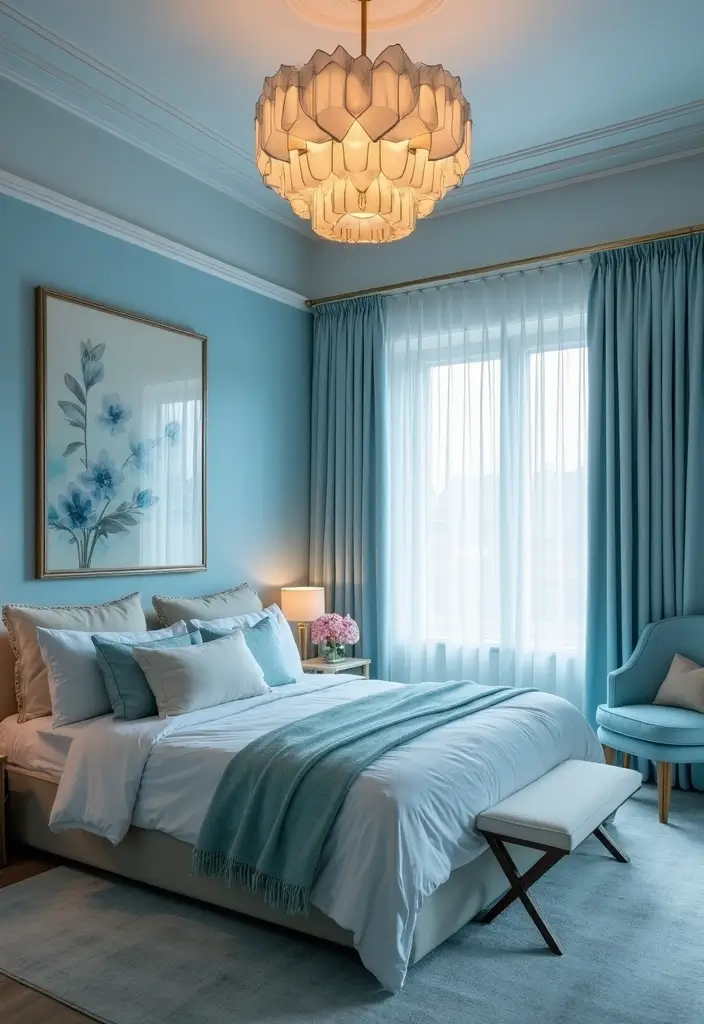 30 Sky Blue Room Ideas Bedroom That Bring Peaceful Energy - 24. Statement Lighting Fixtures