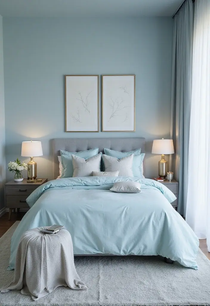 30 Sky Blue Room Ideas Bedroom That Bring Peaceful Energy - 28. Integrating Soft Metallics
