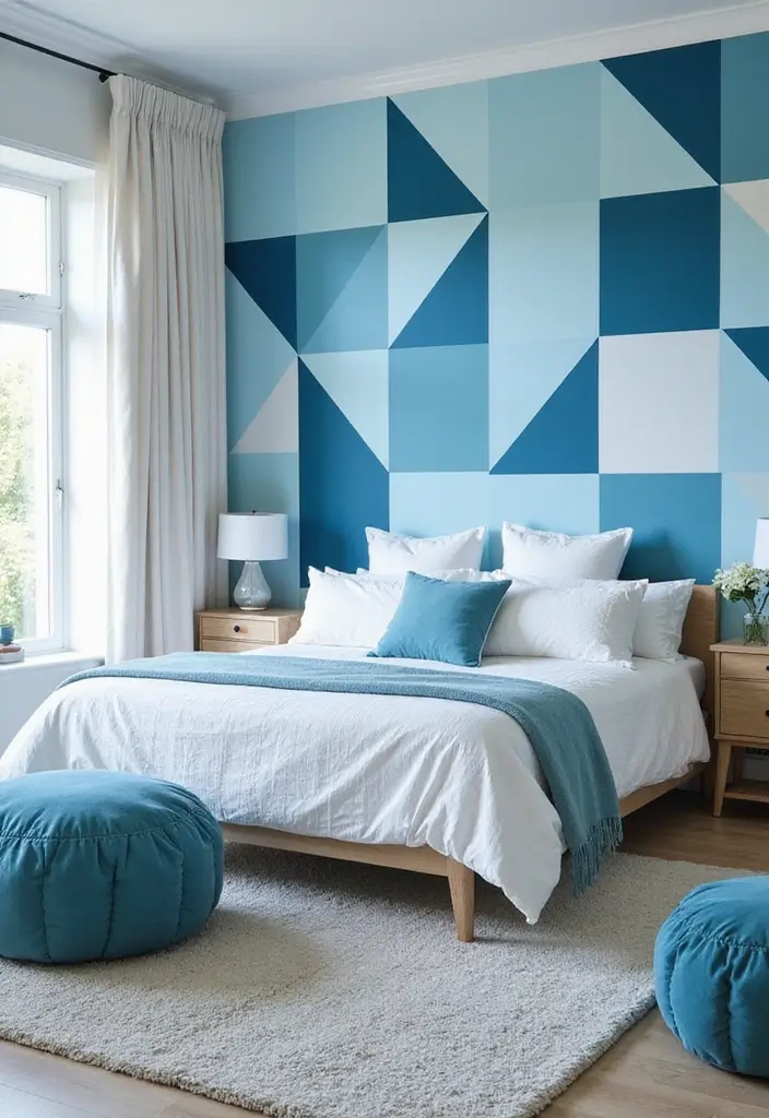 30 Sky Blue Room Ideas Bedroom That Bring Peaceful Energy - 29. Sky Blue and White Geometric Patterns