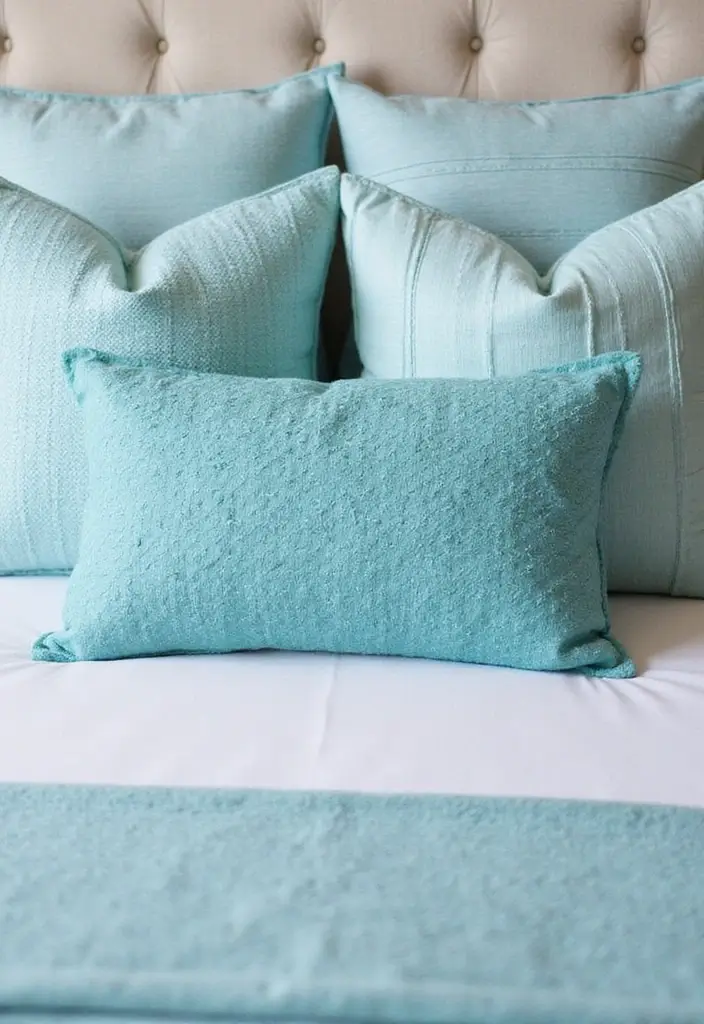 30 Sky Blue Room Ideas Bedroom That Bring Peaceful Energy - 8. Sky Blue Accent Pillows