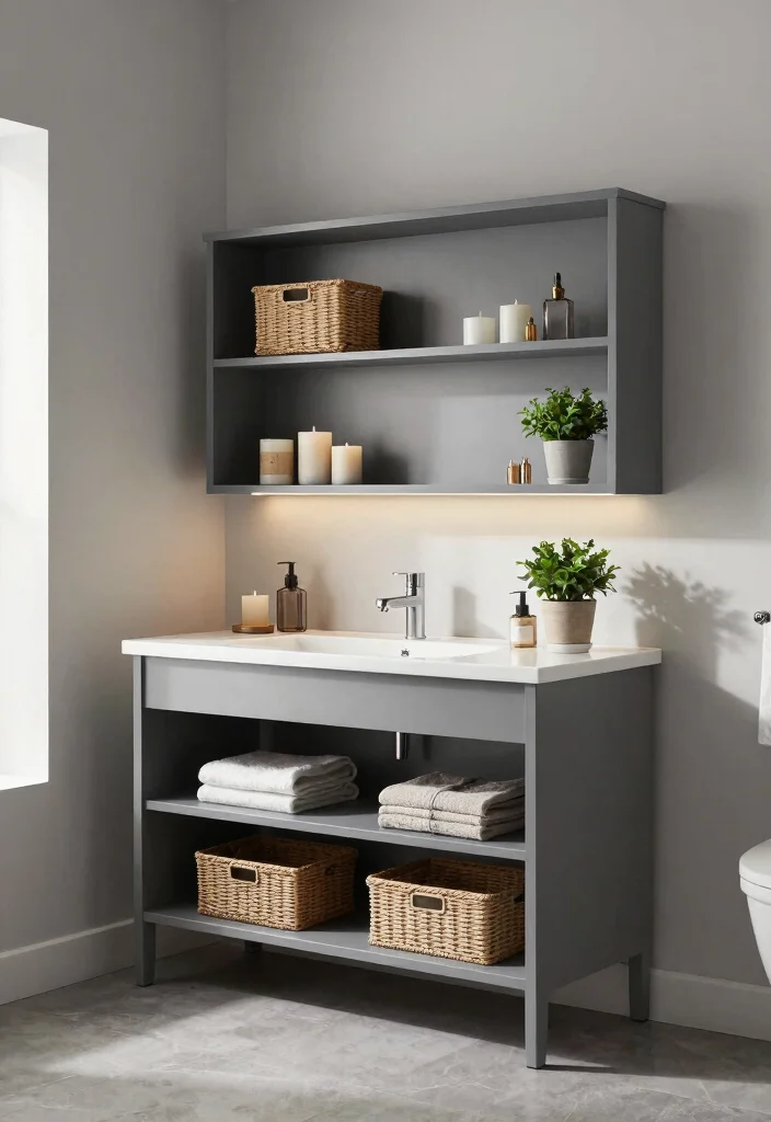14 Gray Bathroom Vanity Ideas For A Calm Modern Look - 8. Open Shelving Gray Vanity 1
