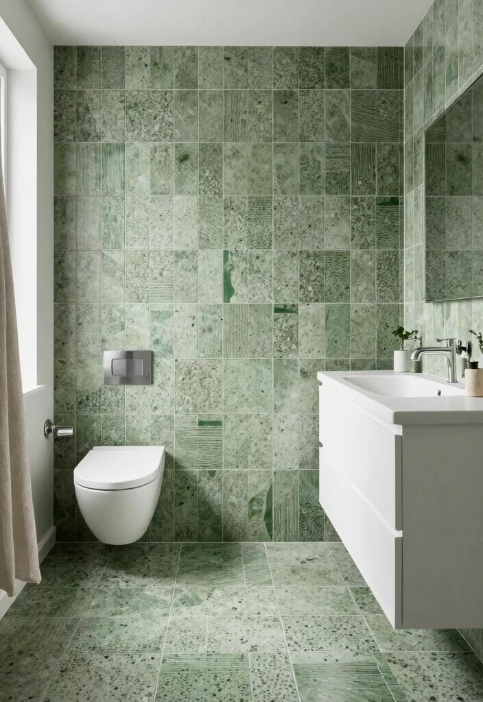 14 Green Bathroom Tile Ideas That Feel Fresh - 10. Olive Green Terrazzo Tiles 1