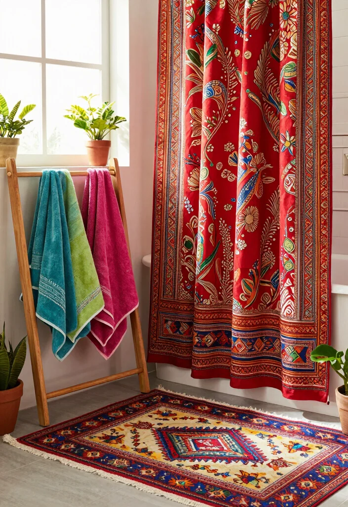 14 Indian Bathroom Ideas With Cultural Style - 3. Vibrant Textiles and Rugs 1