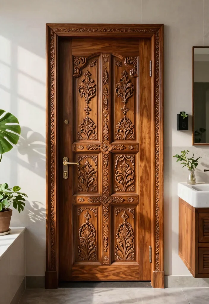 14 Indian Bathroom Ideas With Cultural Style - 4. Intricately Carved Wooden Doors 1