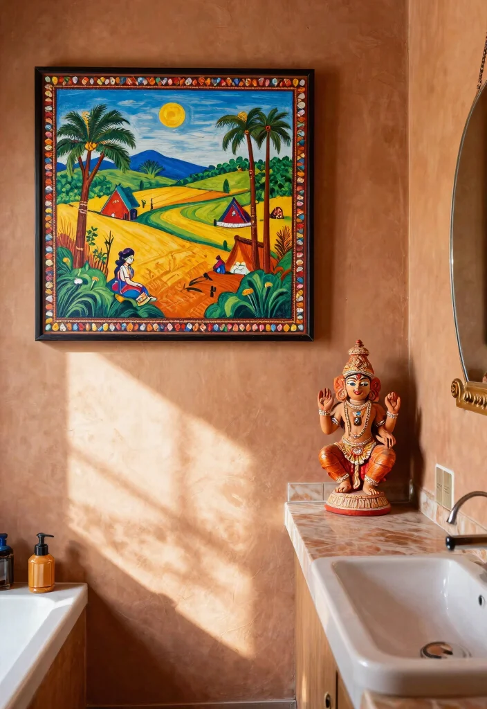 14 Indian Bathroom Ideas With Cultural Style - 5. Traditional Indian Artwork 1