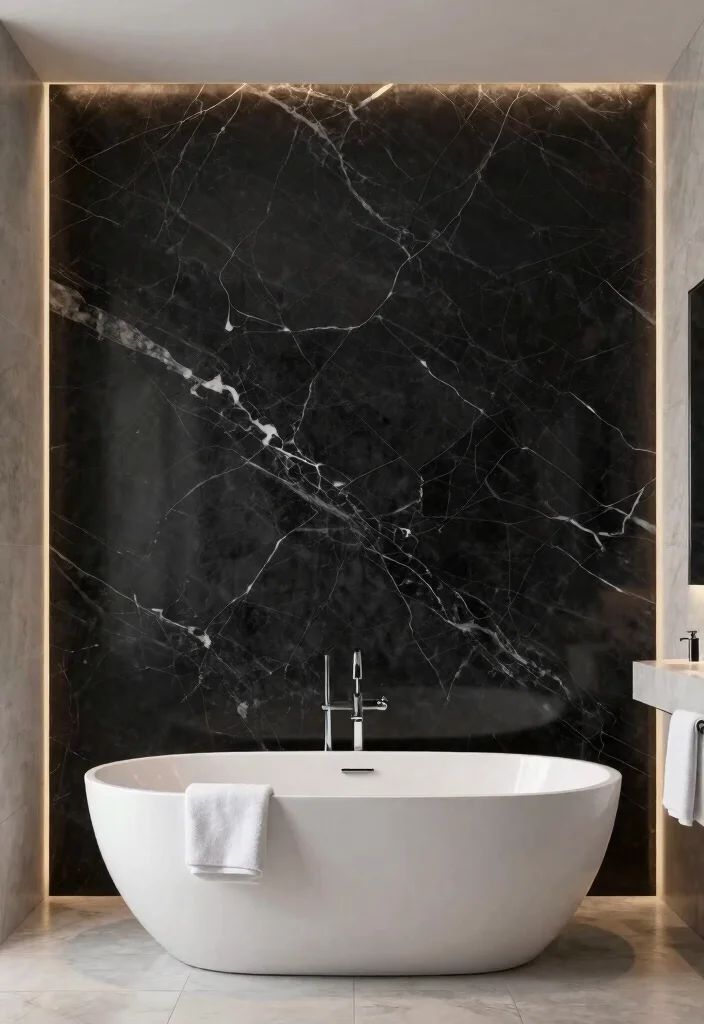 14 Onyx Tile Bathroom Ideas With Luxurious Depth - 1. Elegant Black Onyx Feature Wall 1