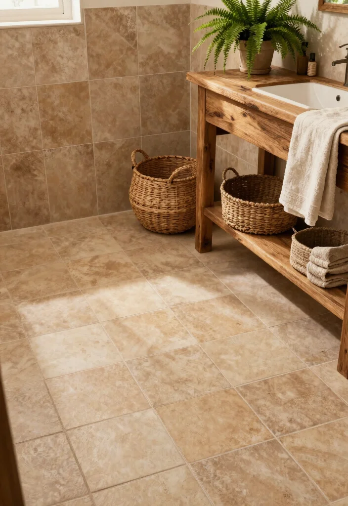 14 Tan Tile Bathroom Ideas With Warm Balance - 1. Earthy Elegance: Rustic Tan Tiles 1