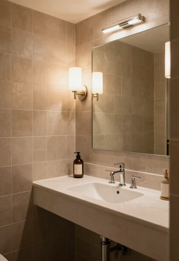 14 Tan Tile Bathroom Ideas With Warm Balance - 13. Lighting Matters: Creating Ambiance with Tan Tiles 1