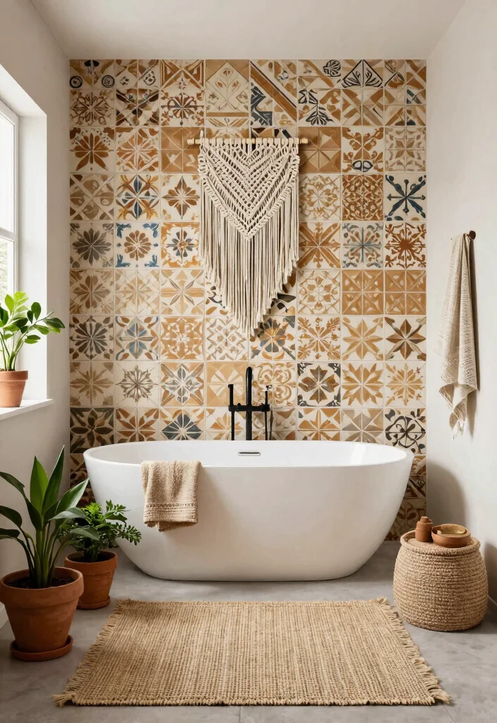 14 Tan Tile Bathroom Ideas With Warm Balance - 4. Modern Boho: Eclectic Tan Tile Patterns 1