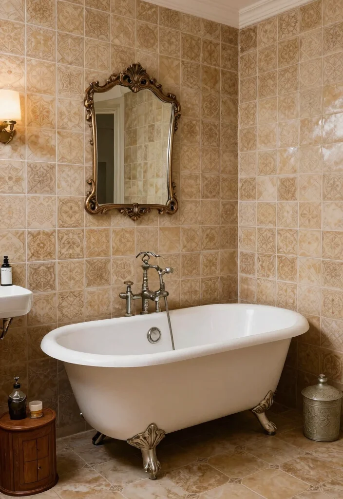 14 Tan Tile Bathroom Ideas With Warm Balance - 5. Vintage Vibes: Retro Tan Tiles 1
