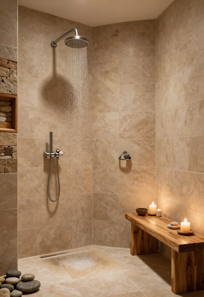 14 Tan Tile Bathroom Ideas With Warm Balance - 7. Zen Sanctuary: Tan Tiles and Natural Elements 1