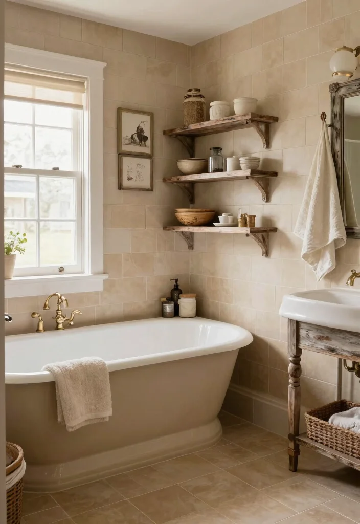 14 Tan Tile Bathroom Ideas With Warm Balance - 8. Farmhouse Chic: Tan Tiles with Vintage Decor 1