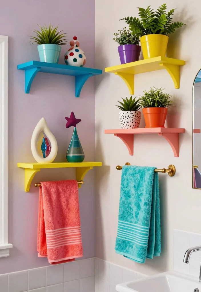 15 Bathroom Vanity Shelf Ideas That Add Storage And Style - 15. Colorful Wall Shelves: Bold Statements 1