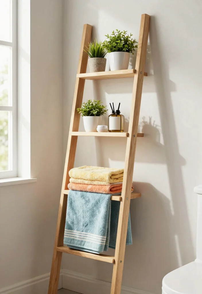 15 Bathroom Vanity Shelf Ideas That Add Storage And Style - 6. Decorative Ladder Shelves: A Unique Twist 1