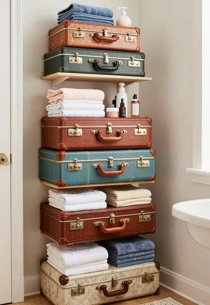 15 Bathroom Vanity Shelf Ideas That Add Storage And Style - 8. Vintage Suitcase Shelves: Quirky and Fun 1
