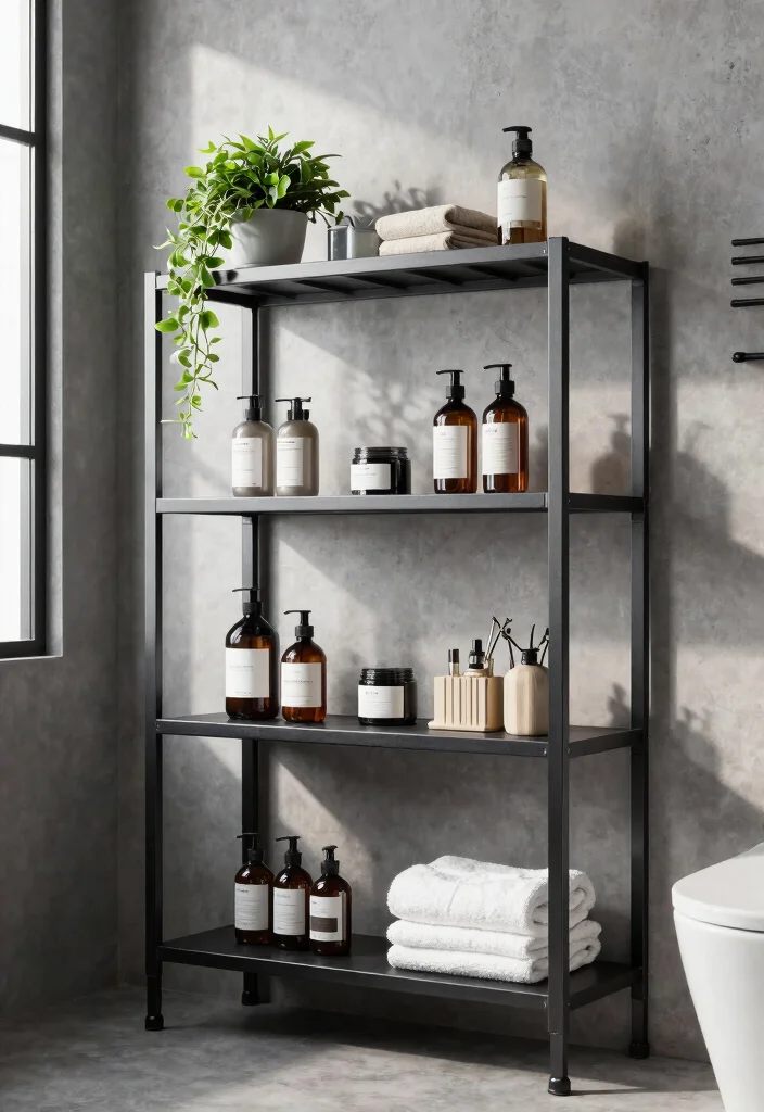 15 Bathroom Vanity Shelf Ideas That Add Storage And Style - 9. Metal Shelving Units: Industrial Chic 1