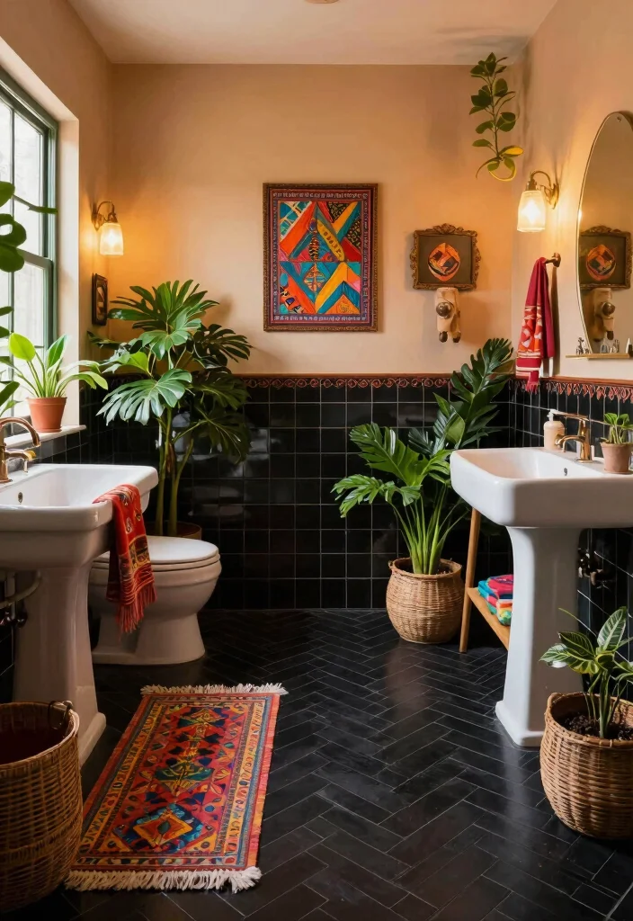 15 Black Herringbone Tile Bathroom Ideas With Bold Drama - 10. Bohemian Bliss 1