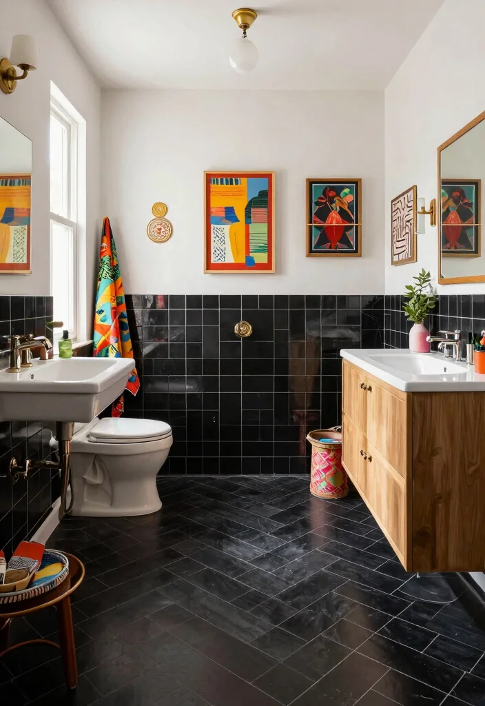 15 Black Herringbone Tile Bathroom Ideas With Bold Drama - 12. Eclectic Mix 1
