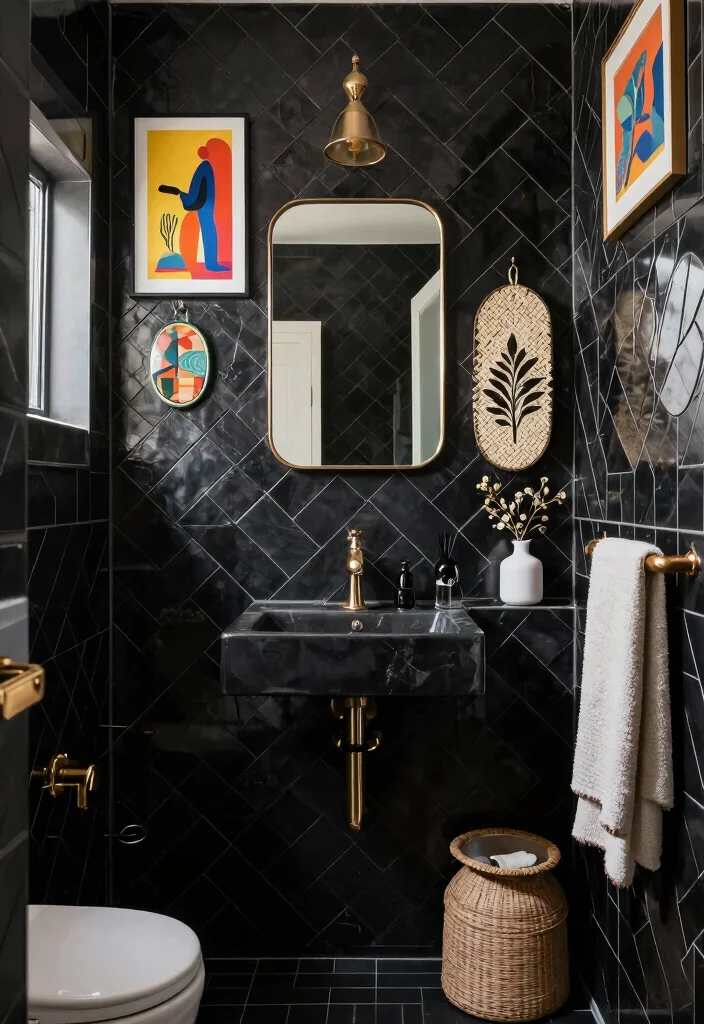 15 Black Herringbone Tile Bathroom Ideas With Bold Drama - 14. Artistic Touch 1