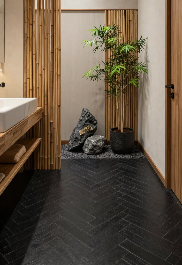 15 Black Herringbone Tile Bathroom Ideas With Bold Drama - 15. Zen Retreat 1