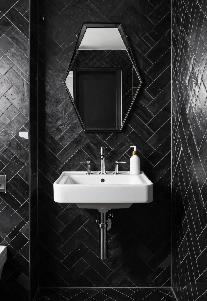 15 Black Herringbone Tile Bathroom Ideas With Bold Drama - 5. Geometric Fusion 1